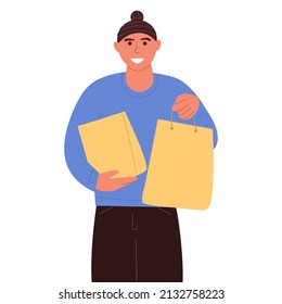 The concept of goods delivery to the door. A young man makes home deliveries. Flat vector illustration on white background. For print, web design.