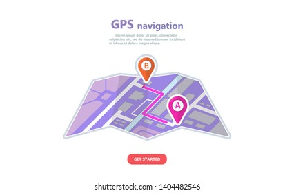 Concept GPS navigation, point location on a city map. Satellite navigation systems isolated vector illustration on white background. Point A and Point B on city map catoon style