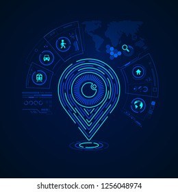 concept of gps navigation technology, gps pointer combined with eye and digital transportation interface