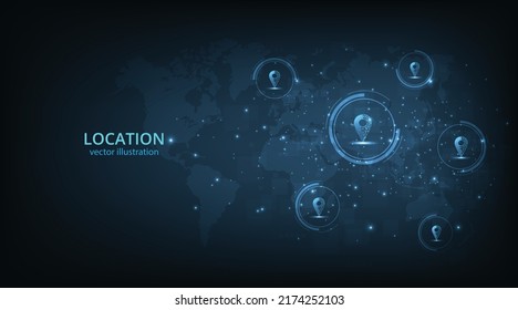 Concept of Gps technology background.Vector pin icon Gps on dark blue background.Travel way concept.Find trip, Geo pinpoint.Location navigator vector illustration.