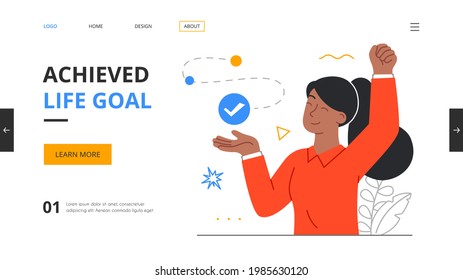 Concept of gradual business development, successive steps to goal achievement with young happy woman who rejoices in achieving the goal. Flat outline minimal style cartoon vector illustration