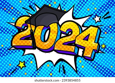 Concept of a graduating class of 2024. Numbers with graduation cap in pop art style on blue background. Vector illustration.