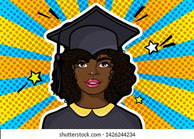 Concept of a graduating class. Afro American Girl in Graduation cap in pop art style on blue and yellow rays background. Vector illustration.