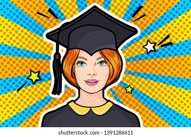 Concept of a graduating class. Girl in Graduation cap in pop art style on blue and yellow rays background. Vector illustration.