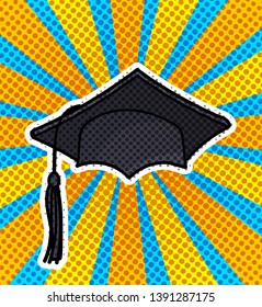 Concept of a graduating class. Graduation cap in pop art style on blue and yellow background. Vector illustration.