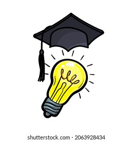 Concepto de una clase o idea graduada. Tapa de graduación en la bombilla de luz sobre fondo blanco. Ilustración vectorial.