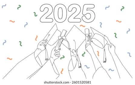 Concept of graduation, class of 2025. Hands of graduates holding a diploma and academic gown. 