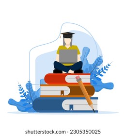 concept of graduation, completing education or course. graduate girl sitting on book with laptop. graphic design for course or education, another english school vector, vector illustration.