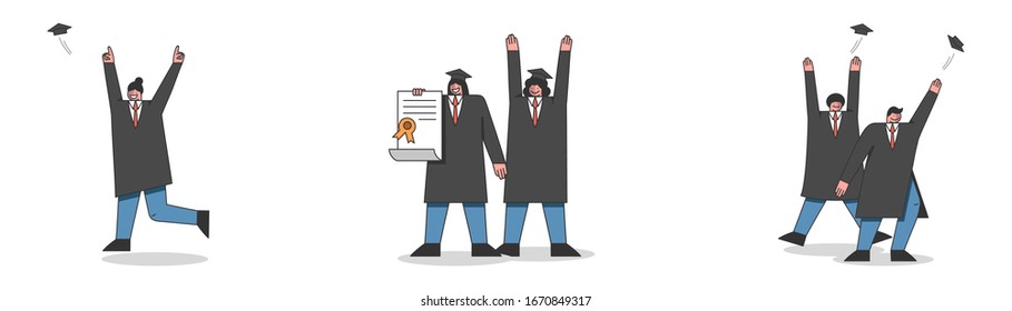 Concept Of Graduation. Graduates People In Gowns Happy To Finish Course. Students Are Throwing Up Caps, Show Happy Signs By Hands. Set Of Cartoon Linear Outline Flat Vector Illustrations