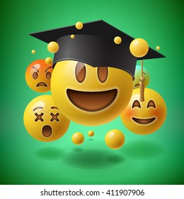 Concept for graduation, green background with group of smiley emoticons, emoji, vector illustration.