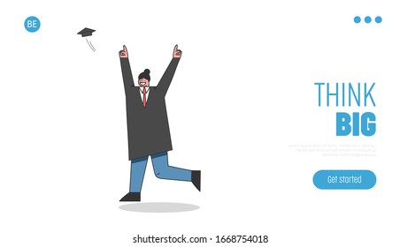 Concept Of Graduation. Website Landing Page. Happy Student Celebrate The End Of Academy Course. Woman In Academic Dress Is Throwing Up A Cap. Linear Outline Flat Vector Illustration