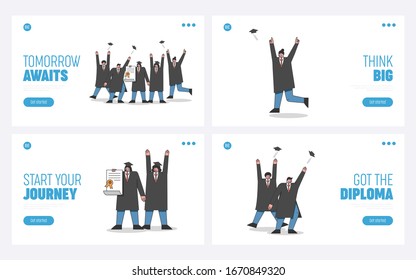 Concept Of Graduation. Website Landing Page. Students in Gowns Happy To Finish Course, Having Fun, Throwing Up Caps. Cartoon Linear Outline Flat Vector Illustrations