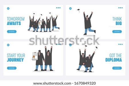 Concept Of Graduation. Website Landing Page. Students in Gowns Happy To Finish Course, Having Fun, Throwing Up Caps. Cartoon Linear Outline Flat Vector Illustrations
