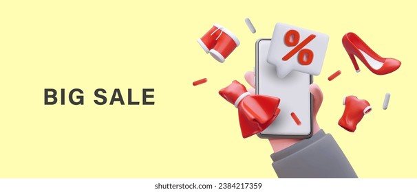 Concept of grand sale. Advertisement of mobile application of clothing store. Hand holding smartphone with discount announcement. Vector realistic elements, creative design, place for text ad