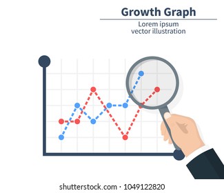 The concept of graph growth. Businessman holding a magnifier. The stock market has arrived. Vector illustration of a flat design. Isolated on white background