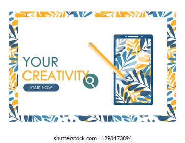 The concept of graphic courses. Drawing lessons on the tablet. Design studio, designing, drawing, graphic design, creativity, ideas. Website landing page