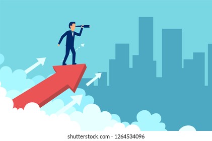 Concept graphic design of businessman on growing arrow looking in future with spyglass against cityscape 