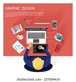 Concept for graphic design, designer tools and software in flat design with computer surrounded designer equipment and instruments. Top view of designer draws on tablet at desk