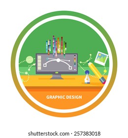 Concept for graphic design, designer tools and software in flat design with computer surrounded designer equipment and instruments