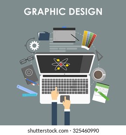 Concept for graphic design, designer tools and software in flat design with computer surrounded designer equipment and instruments.