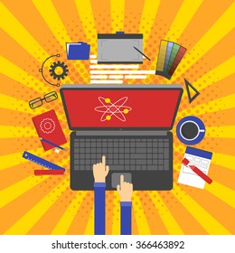 Concept for graphic design, designer tools and software in retro vintage flat design with computer surrounded designer equipment and instruments.