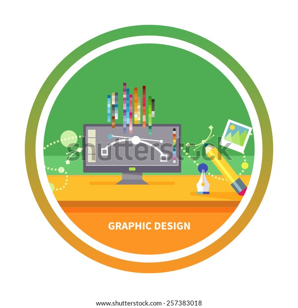 Concept for graphic design, designer tools\
and software in flat design with computer surrounded designer\
equipment and\
instruments