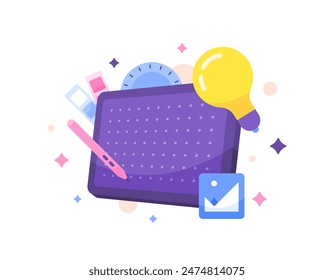 concept of graphic designer, illustrator, artist. creative workers. creator content. illustrator pen tablet, color palette, ruler, lamp, and image symbols. illustration concept design. graphic element