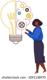 Concept of great idea. Female has good idea. Solution of problem, creative thinking, new startup. Idea generation, imagination, creativity, solution. Thinking business woman and lightbulb, inspiration