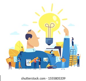 Concept of a great idea or an invention. Scientist shows gesture finger up, small people are working around him. Solution of the problem. Vector illustration in cartoon style