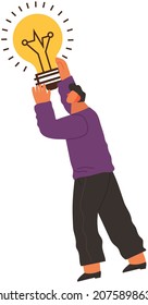 Concepto de gran idea. El hombre tiene buena idea. Solución de problemas, pensamiento creativo, nuevo inicio. Generación de ideas, imaginación, creatividad, solución. Empresario pensante y bombilla, inspiración