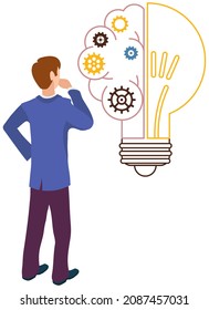 Concepto de gran idea. El hombre tiene buena idea. Solución de problemas, pensamiento creativo, nuevo inicio. Generación de ideas, imaginación, creatividad, solución. Empresario pensante y bombilla, inspiración