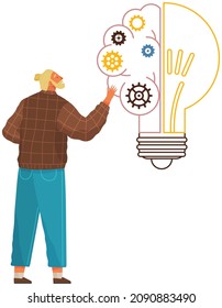 Concepto de gran idea. El hombre tiene buena idea. Solución de problemas, pensamiento creativo, nuevo inicio. Generación de ideas, imaginación, creatividad, solución. Empresario pensante y bombilla, inspiración