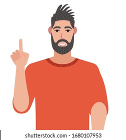 Concept of a great idea. Man with a joyful face and a raised index finger on a white background. Vector illustration in cartoon style.