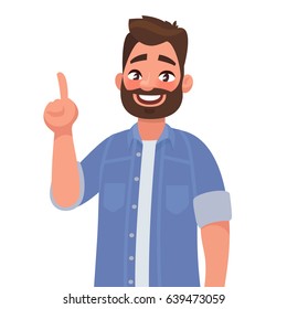 Concept of a great idea. Man with a joyful face and a raised index finger on a white background. Vector illustration in cartoon style