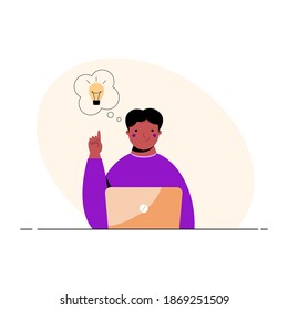 Concept of a great idea. Man with laptop raised index finger. Modern vector illustration in flat style.