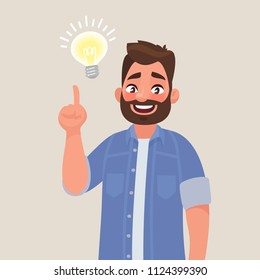 Concept of a great idea. Man shows gesture. Solution of the problem. Vector illustration in cartoon style