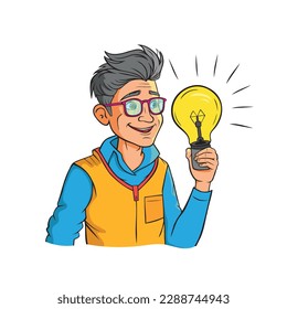 Concept of a great idea. Man shows gesture. Solution of the problem.