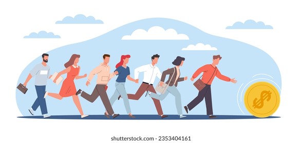 Concept of greed for money, men and women running after rolling coin, trying to catch gold. Achieve goal and profits, profitable investment. Career ambition. Vector cartoon flat illustration