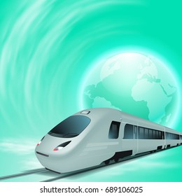 Concept green background with high-speed train, the globe. EPS10 vector.