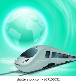 Concept green background with high-speed train, the globe. EPS10 vector.