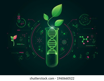 concept of green biotechnology or synthetic biology, graphic of plant combined with DNA shape