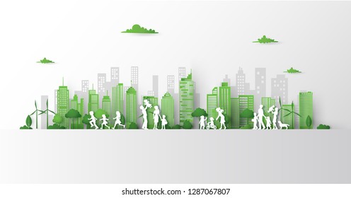 Concept of green city with building on earth. World environment day,Paper art 3d from digital crfat.