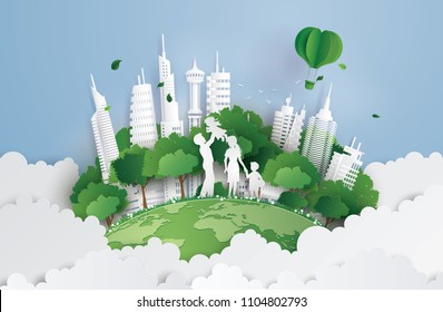 concepto de ciudad verde y medio ambiente con familia. arte de papel y arte digital.