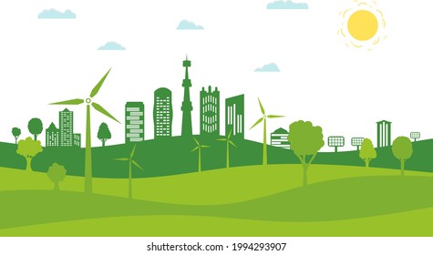 Concept green city with renewable energy sources. Ecological city and environment conservation. Green city with green trees, wind energy and solar panels. Vector illustration.