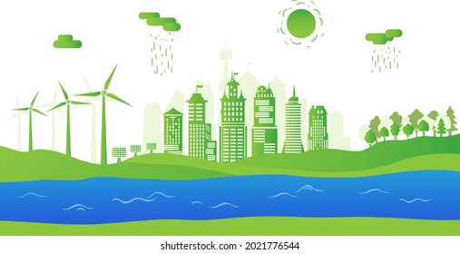 Concept green city with renewable energy sources. Ecological city with blue river, green trees, wind energy and solar panels. Environment conservation. Vector illustration.