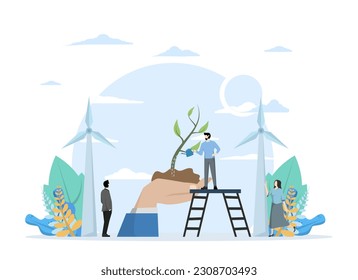 The concept of Green Clean Energy, Showing the character of using green energy, renewable energy replaces fossil energy. suitable for landing pages, UI, web, apps and more. Vector illustration.