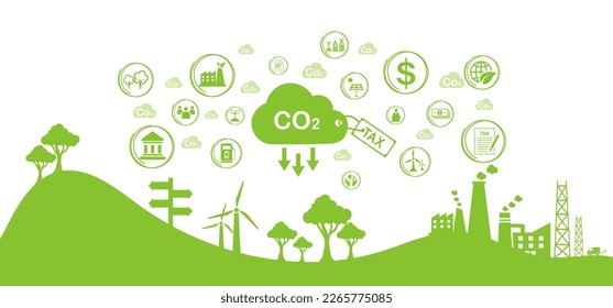 Konzept der grünen CO2-Steuer, Kohlenstoffsteuer, Seitenvorlage mit Symbol. Besteuerung der Umweltverschmutzung. Flaches Design, Vektorgrafik für Webbanner.