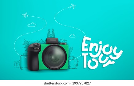 Concept with green digital camera and doodling elements