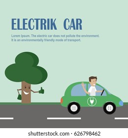The concept of green ecology tree for your design, the electric car. vector illustration flat style