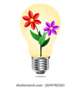 A concept of green electricity with a light bulb and flowers